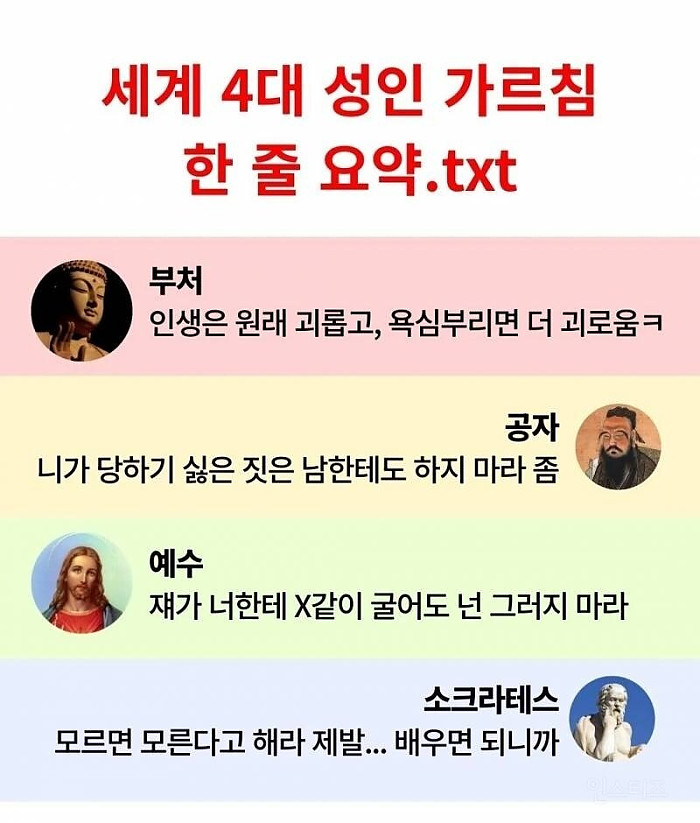 세계 4대 성인 가르침 한 줄 요약