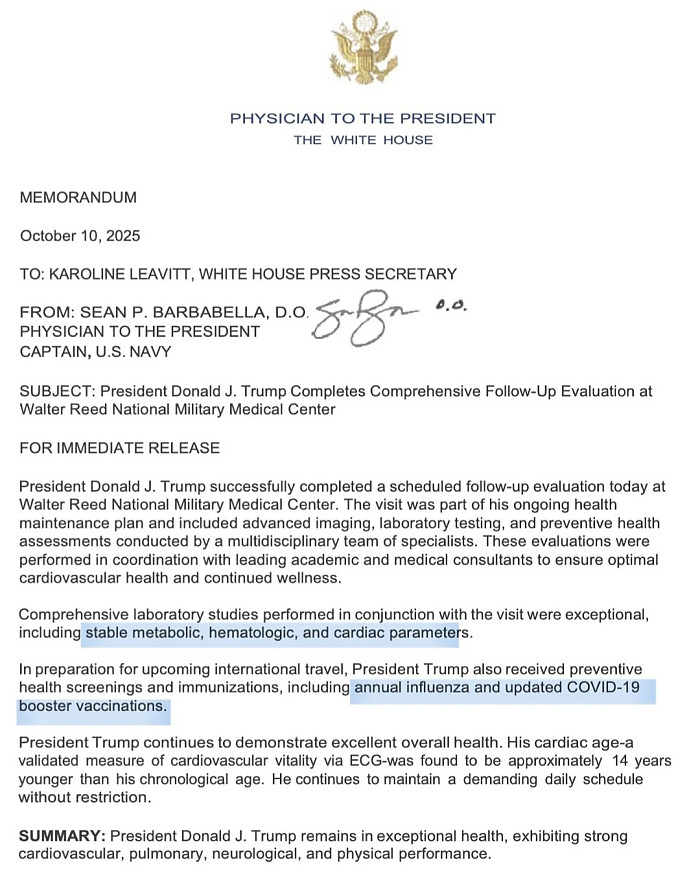 오늘자 트럼프에 대한 백악관 서신(ft. 백신 반대)